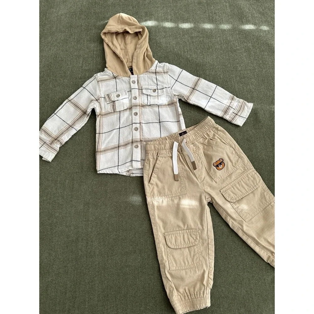 FRIENDZ Beige White Plaid Hoodie & Pants Set 12-18M 2pc Cotton Bear